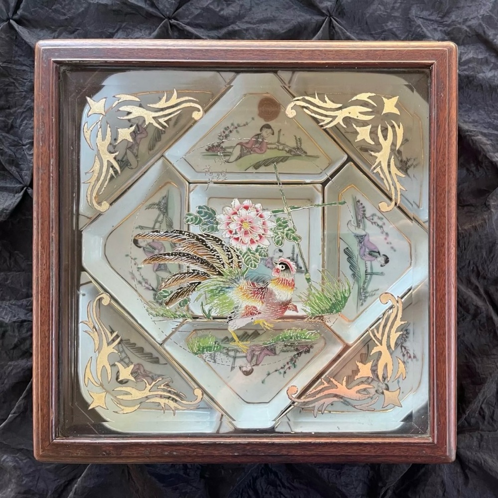 Antique Chinese Famille Rose Porcelain Puzzle Dish Set Rooster Box